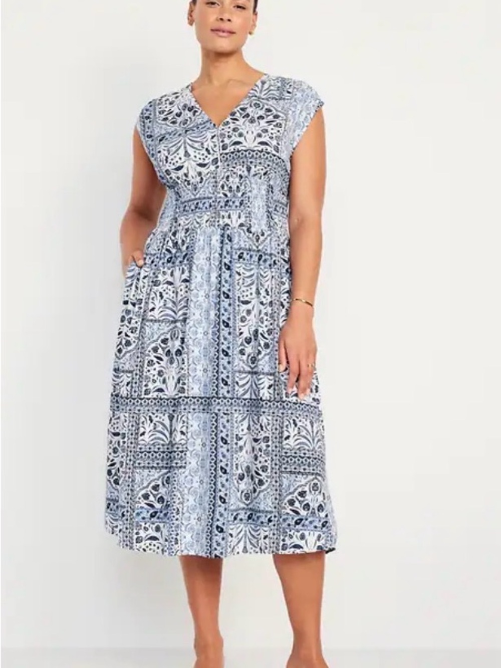 Old Navy Waist-Defined Midi Dress, blue & white paisley